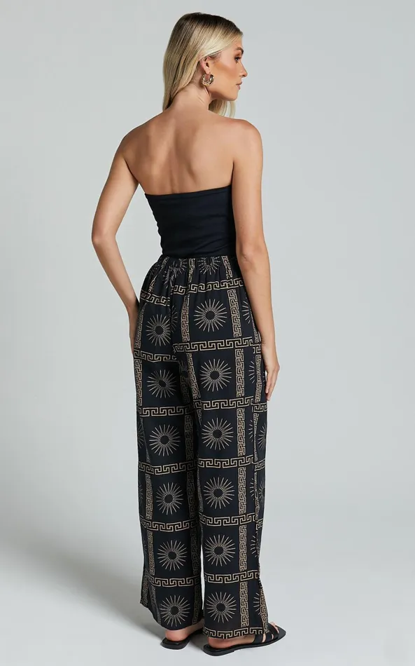 Showpo Cassidy Pant 8211 Elasticated Linen Look Pants In Black Sun Print Women Pants
