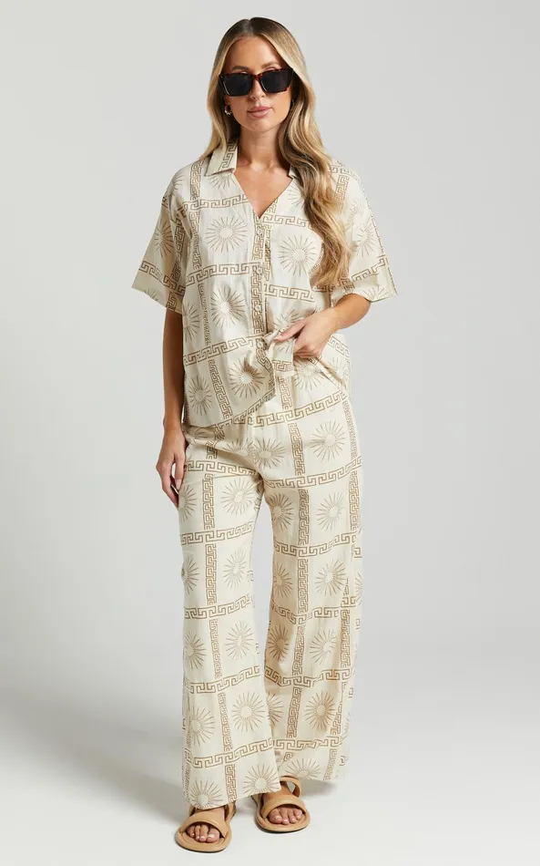 Showpo Cassidy Shirt 8211 Short Sleeve Linen Look Shirt In Beige Sun Print Women Tops