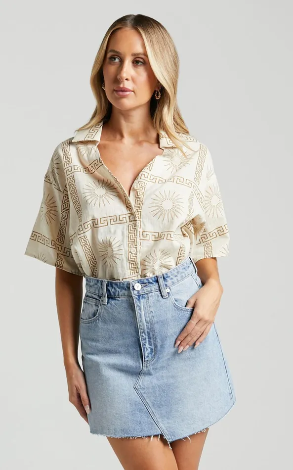 Showpo Cassidy Shirt 8211 Short Sleeve Linen Look Shirt In Beige Sun Print Women Tops