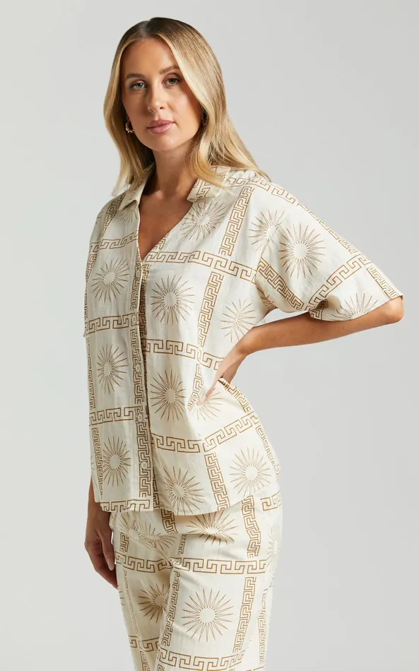 Showpo Cassidy Shirt 8211 Short Sleeve Linen Look Shirt In Beige Sun Print Women Tops