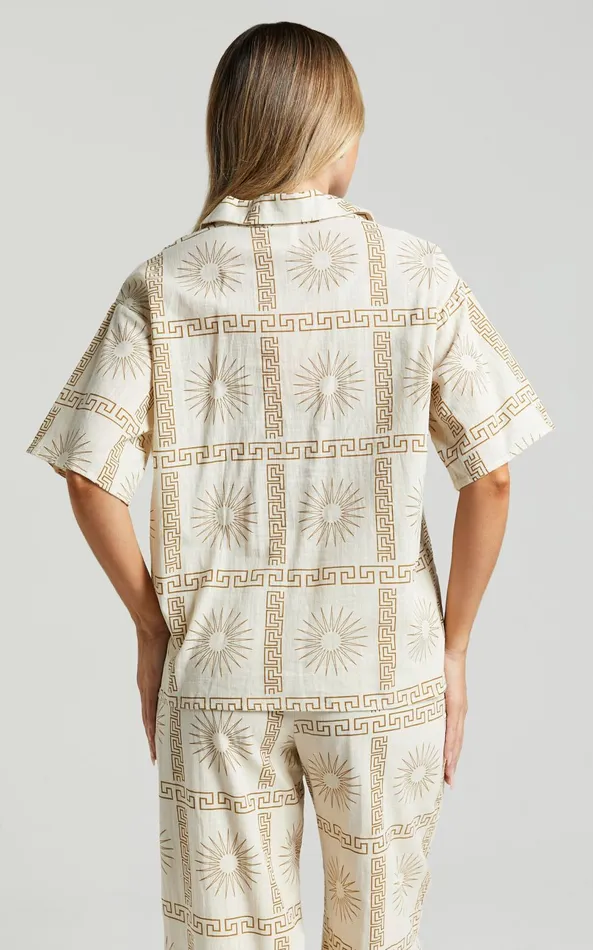 Showpo Cassidy Shirt 8211 Short Sleeve Linen Look Shirt In Beige Sun Print Women Tops
