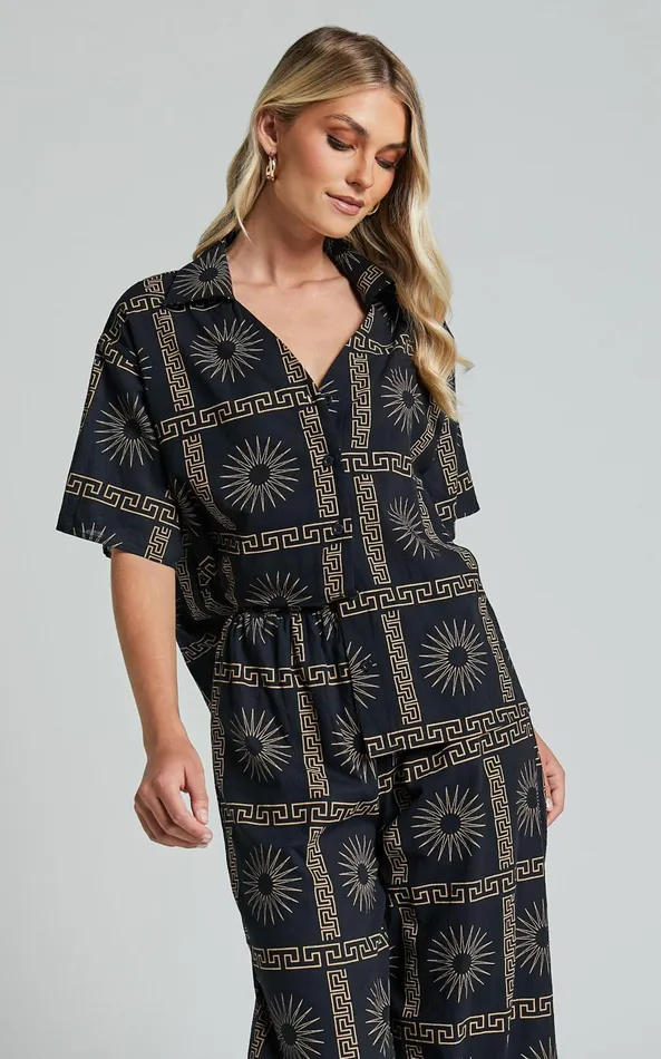Showpo Cassidy Shirt 8211 Short Sleeve Linen Look Shirt In Black Sun Print Women Tops