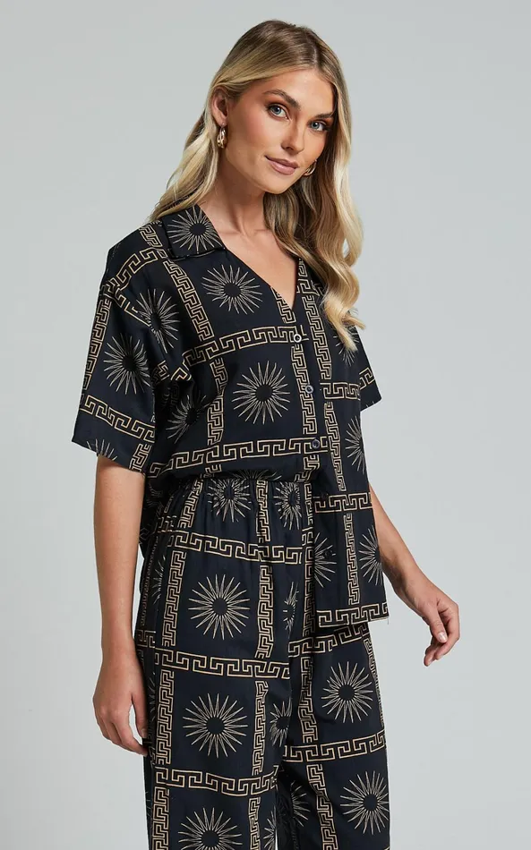 Showpo Cassidy Shirt 8211 Short Sleeve Linen Look Shirt In Black Sun Print Women Tops