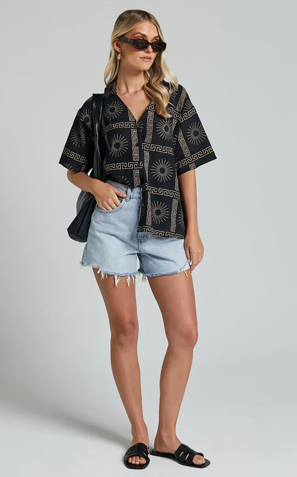 Showpo Cassidy Shirt 8211 Short Sleeve Linen Look Shirt In Black Sun Print Women Tops