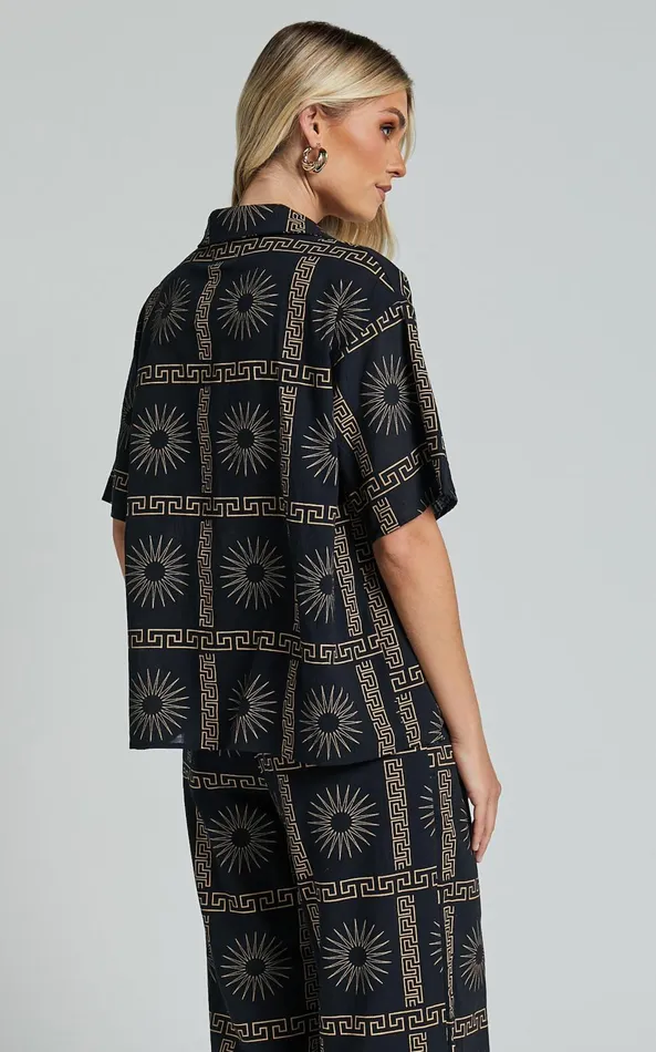 Showpo Cassidy Shirt 8211 Short Sleeve Linen Look Shirt In Black Sun Print Women Tops