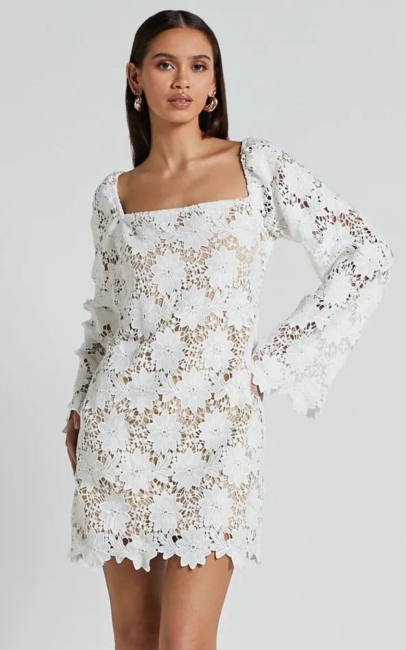 Showpo Cassie Mini Dress 8211 Straight Neck Long Flared Sleeve Tie Back Lace Dress In White Women Curve Clothes Showpo Cassie Mini Dress 8211 Straight Neck Long Flared Sleeve Tie Back Lace Dress In White Women Curve Clothes