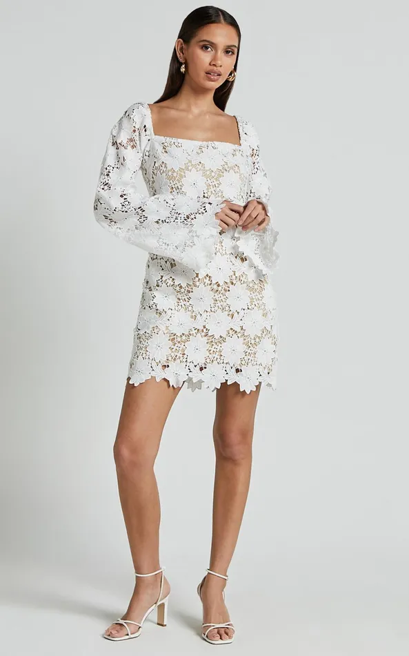 Showpo Cassie Mini Dress 8211 Straight Neck Long Flared Sleeve Tie Back Lace Dress In White Women Curve Clothes