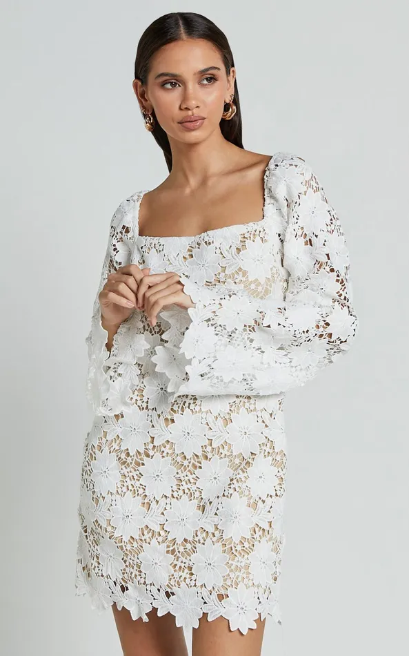 Showpo Cassie Mini Dress 8211 Straight Neck Long Flared Sleeve Tie Back Lace Dress In White Women Curve Clothes