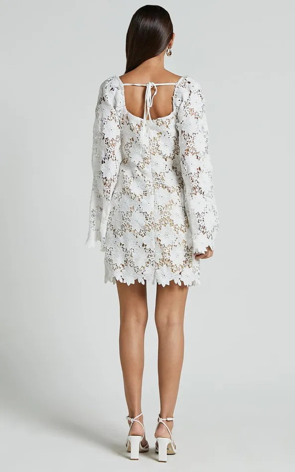 Showpo Cassie Mini Dress 8211 Straight Neck Long Flared Sleeve Tie Back Lace Dress In White Women Curve Clothes