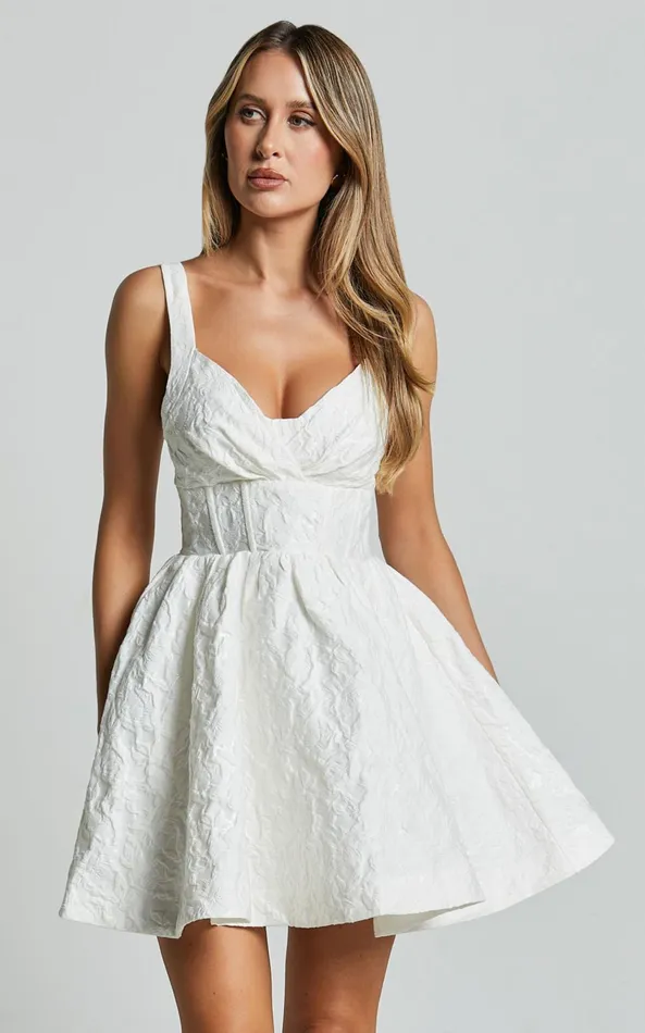Showpo Cate Mini Dress 8211 Sweetheart Pleated Bust Jacquard Mini Dress In White Women Dresses