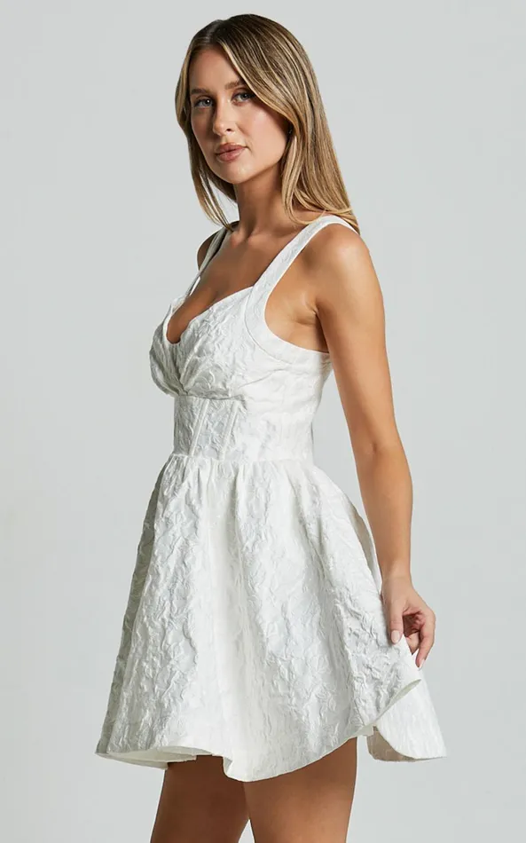 Showpo Cate Mini Dress 8211 Sweetheart Pleated Bust Jacquard Mini Dress In White Women Dresses