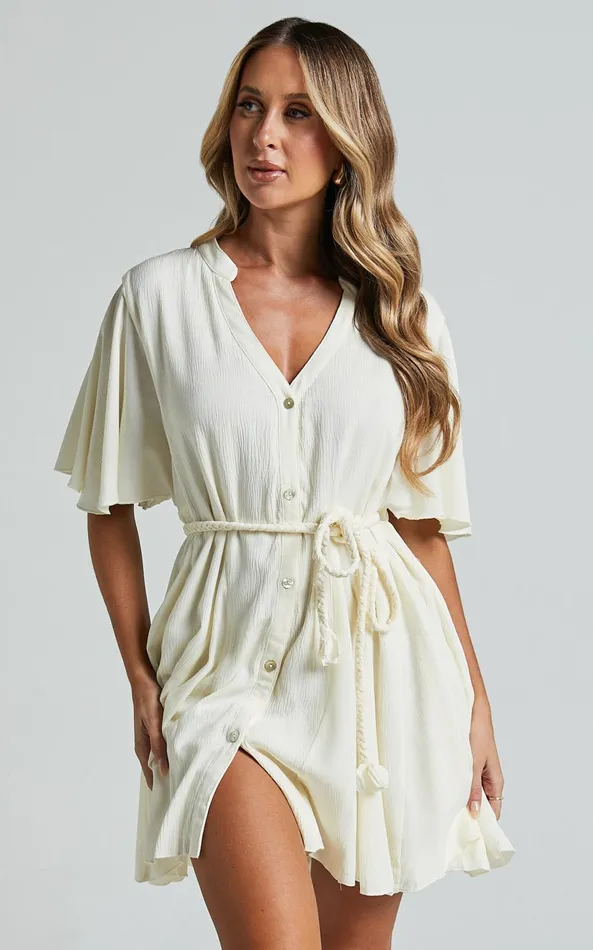 Showpo Cathe Mini Dress 8211 V Neck Button Through Short Flutter Sleeve Tie Waist In Off White Women Dresses Showpo Cathe Mini Dress 8211 V Neck Button Through Short Flutter Sleeve Tie Waist In Off White Women Dresses