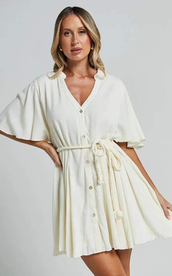 Showpo Cathe Mini Dress 8211 V Neck Button Through Short Flutter Sleeve Tie Waist In Off White Women Dresses