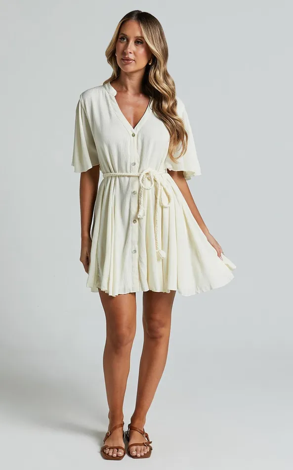 Showpo Cathe Mini Dress 8211 V Neck Button Through Short Flutter Sleeve Tie Waist In Off White Women Dresses
