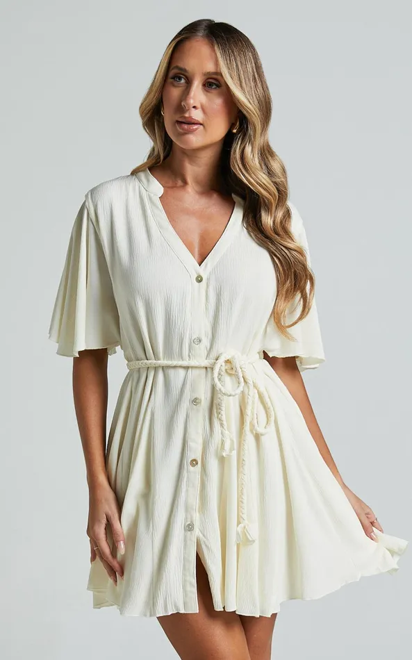 Showpo Cathe Mini Dress 8211 V Neck Button Through Short Flutter Sleeve Tie Waist In Off White Women Dresses