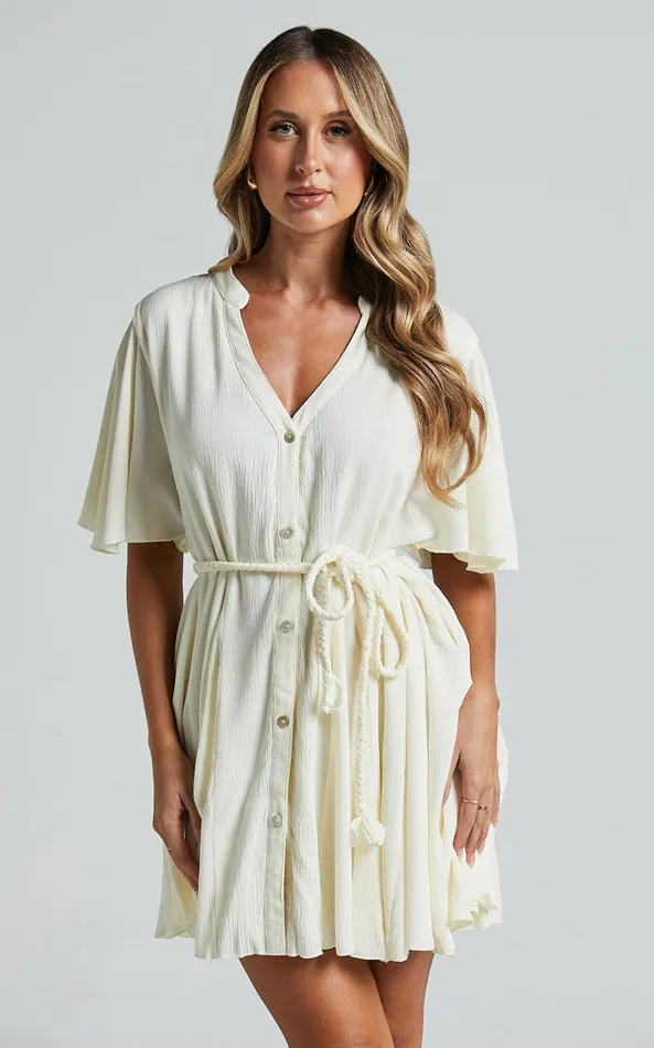 Showpo Cathe Mini Dress 8211 V Neck Button Through Short Flutter Sleeve Tie Waist In Off White Women Dresses