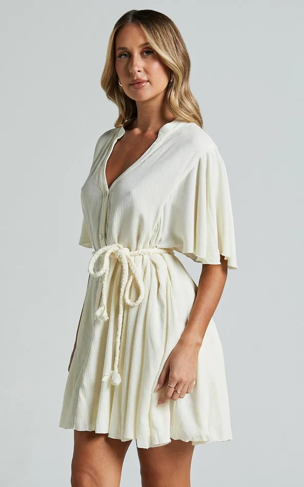 Showpo Cathe Mini Dress 8211 V Neck Button Through Short Flutter Sleeve Tie Waist In Off White Women Dresses