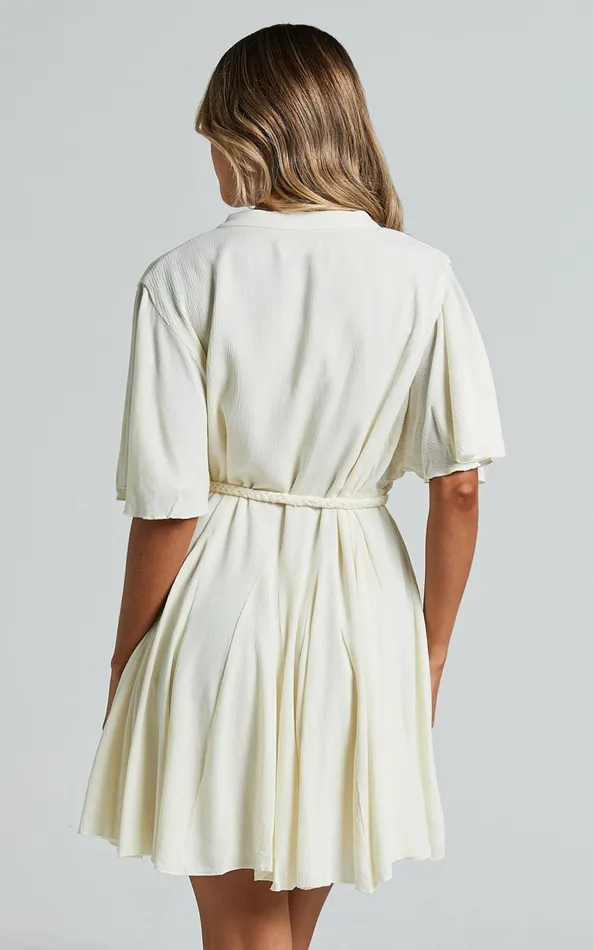 Showpo Cathe Mini Dress 8211 V Neck Button Through Short Flutter Sleeve Tie Waist In Off White Women Dresses