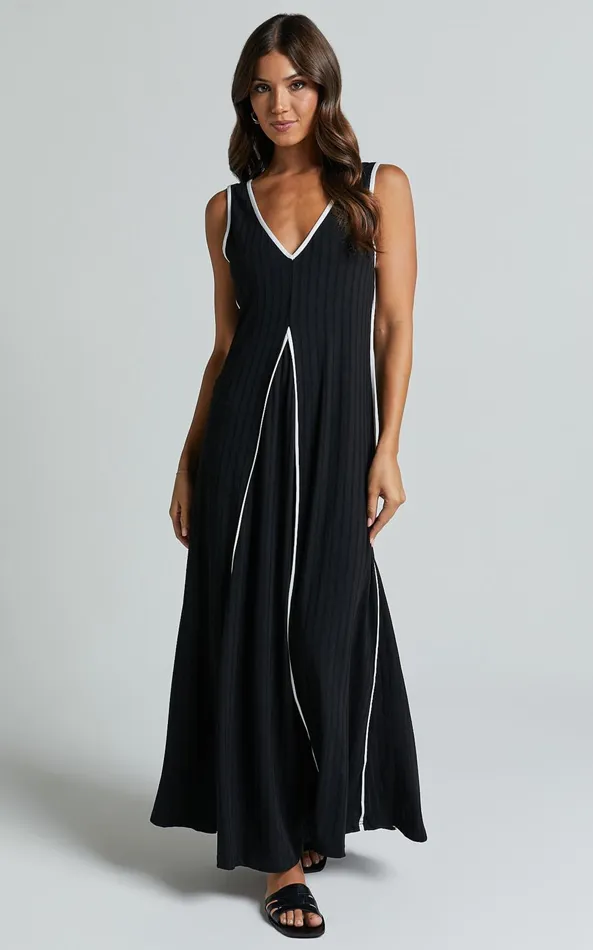 Showpo Cathleen Midi Dress 8211 Ribbed Sleeveless Low Back Dress In Black Women Dresses