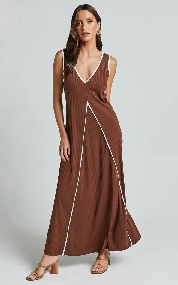 Showpo Cathleen Midi Dress 8211 Ribbed Sleeveless Low Back Dress In Chocolate With White Contrast Women Dresses Showpo Cathleen Midi Dress 8211 Ribbed Sleeveless Low Back Dress In Chocolate With White Contrast Women Dresses