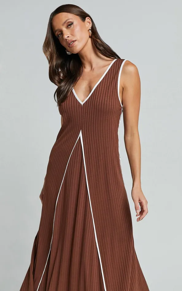 Showpo Cathleen Midi Dress 8211 Ribbed Sleeveless Low Back Dress In Chocolate With White Contrast Women Dresses