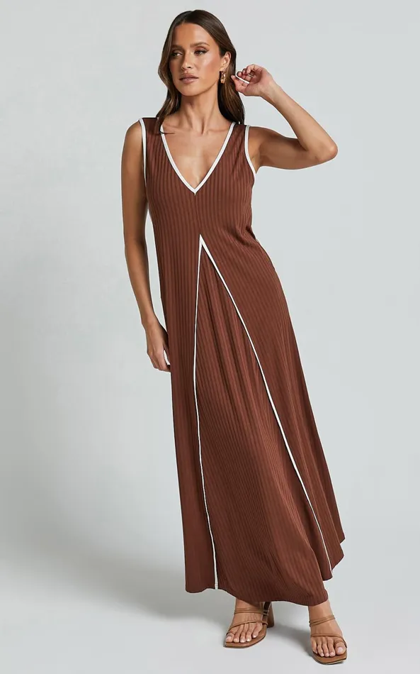 Showpo Cathleen Midi Dress 8211 Ribbed Sleeveless Low Back Dress In Chocolate With White Contrast Women Dresses