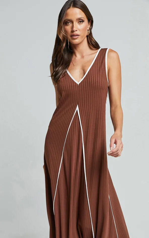Showpo Cathleen Midi Dress 8211 Ribbed Sleeveless Low Back Dress In Chocolate With White Contrast Women Dresses