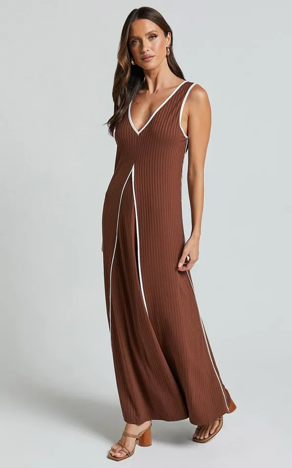 Showpo Cathleen Midi Dress 8211 Ribbed Sleeveless Low Back Dress In Chocolate With White Contrast Women Dresses