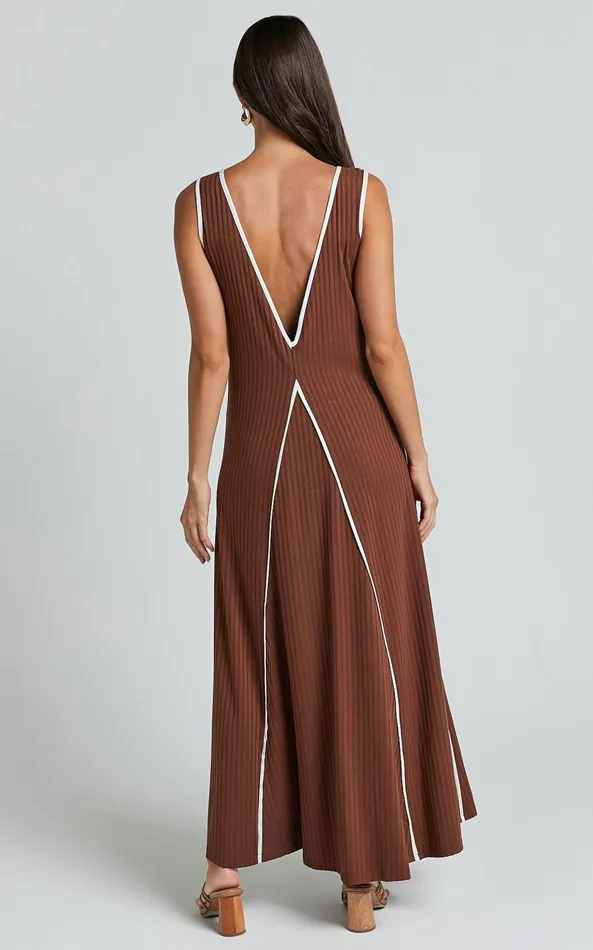 Showpo Cathleen Midi Dress 8211 Ribbed Sleeveless Low Back Dress In Chocolate With White Contrast Women Dresses