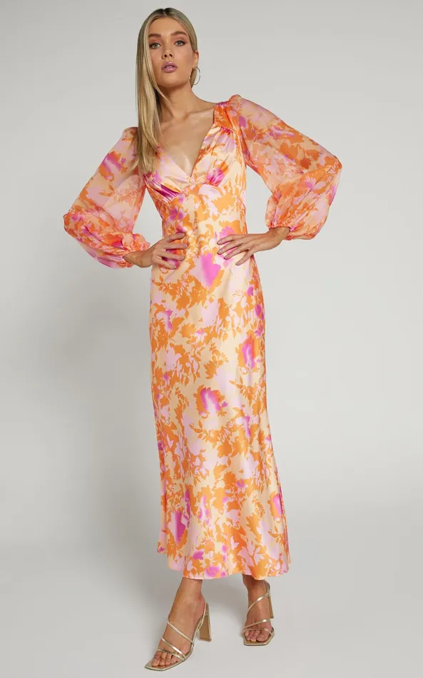Showpo Cati Midi Dress 8211 Plunge Detail Puff Sleeve Midi Dress In Peach Floral Women Dresses