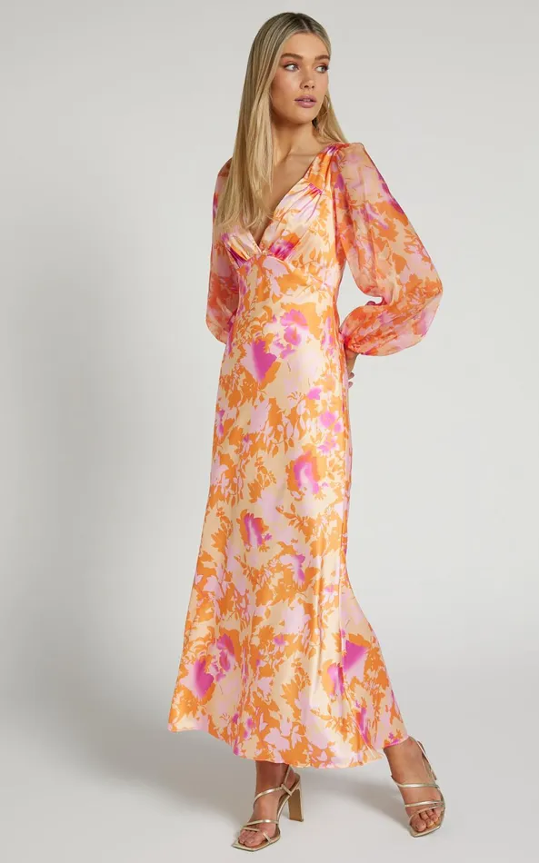 Showpo Cati Midi Dress 8211 Plunge Detail Puff Sleeve Midi Dress In Peach Floral Women Dresses