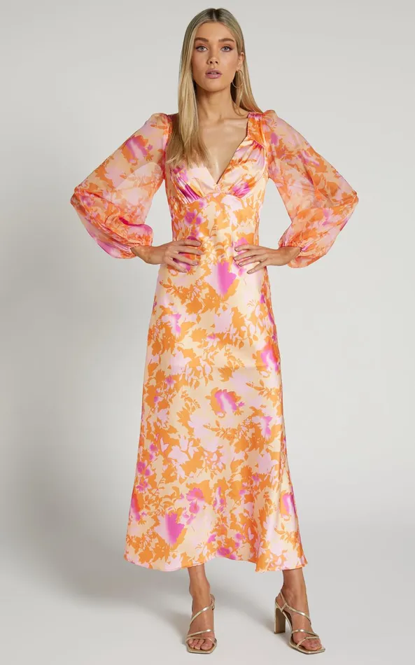 Showpo Cati Midi Dress 8211 Plunge Detail Puff Sleeve Midi Dress In Peach Floral Women Dresses