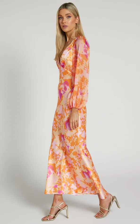 Showpo Cati Midi Dress 8211 Plunge Detail Puff Sleeve Midi Dress In Peach Floral Women Dresses