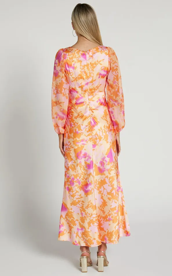 Showpo Cati Midi Dress 8211 Plunge Detail Puff Sleeve Midi Dress In Peach Floral Women Dresses