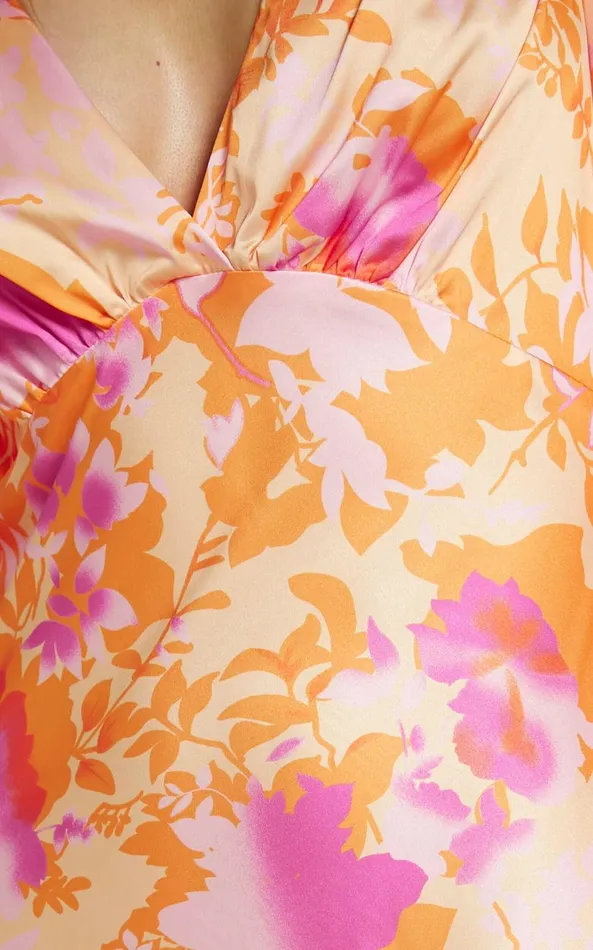 Showpo Cati Midi Dress 8211 Plunge Detail Puff Sleeve Midi Dress In Peach Floral Women Dresses