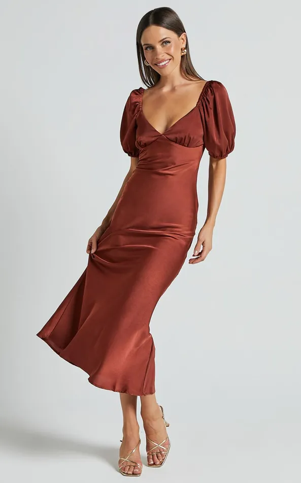 Showpo Catiana Midi Dress 8211 V Neck Short Puff Sleeve Slip Dress In Chocolate Women Dresses Showpo Catiana Midi Dress 8211 V Neck Short Puff Sleeve Slip Dress In Chocolate Women Dresses