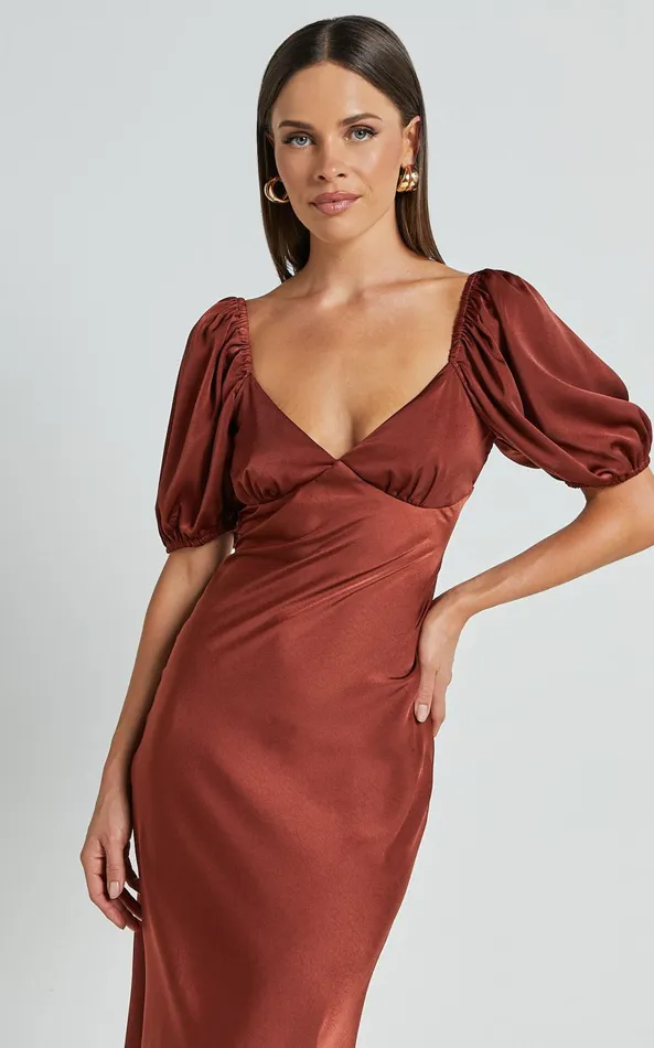 Showpo Catiana Midi Dress 8211 V Neck Short Puff Sleeve Slip Dress In Chocolate Women Dresses
