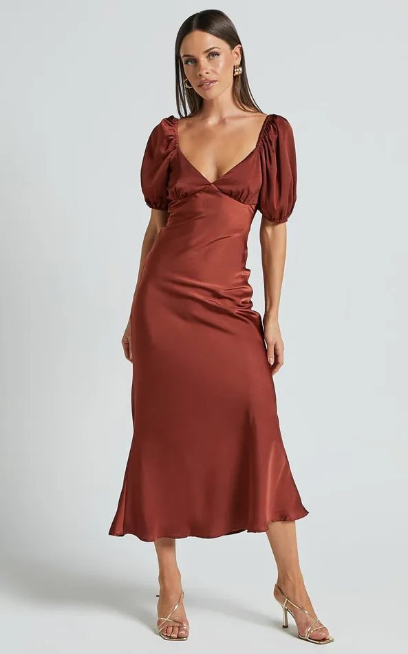 Showpo Catiana Midi Dress 8211 V Neck Short Puff Sleeve Slip Dress In Chocolate Women Dresses