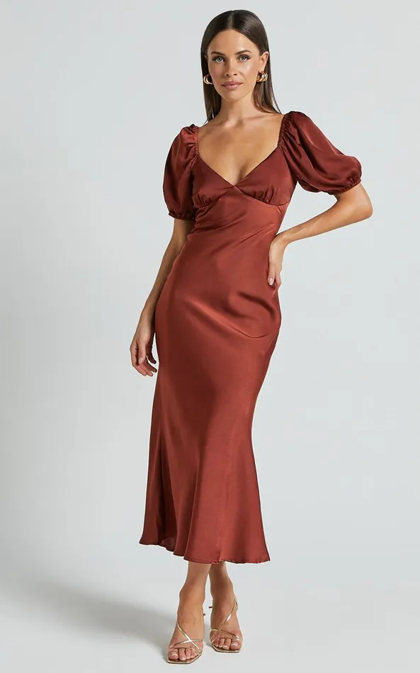 Showpo Catiana Midi Dress 8211 V Neck Short Puff Sleeve Slip Dress In Chocolate Women Dresses