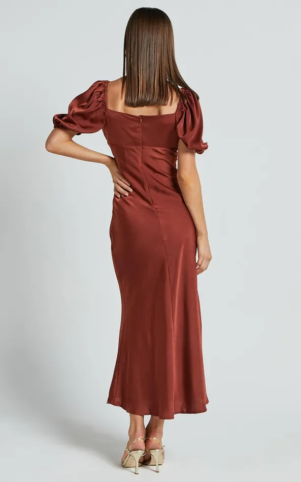 Showpo Catiana Midi Dress 8211 V Neck Short Puff Sleeve Slip Dress In Chocolate Women Dresses