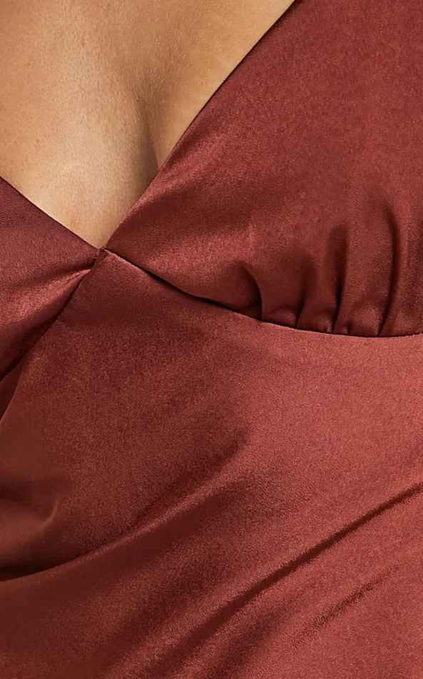Showpo Catiana Midi Dress 8211 V Neck Short Puff Sleeve Slip Dress In Chocolate Women Dresses