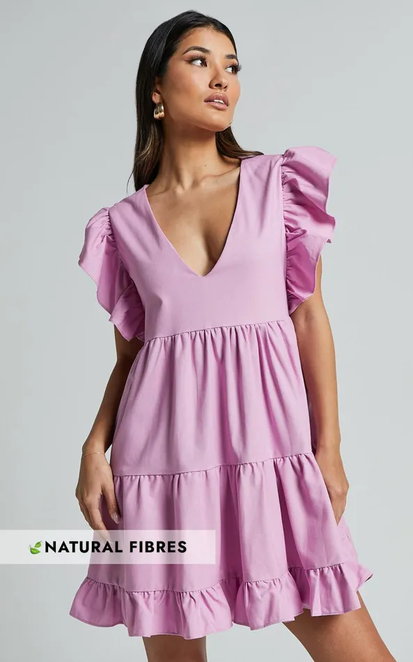 Showpo Cayenne Mini Dress 8211 Linen Look V Neck Short Flutter Sleeve Tiered Dress In Pink Women Dresses Showpo Cayenne Mini Dress 8211 Linen Look V Neck Short Flutter Sleeve Tiered Dress In Pink Women Dresses