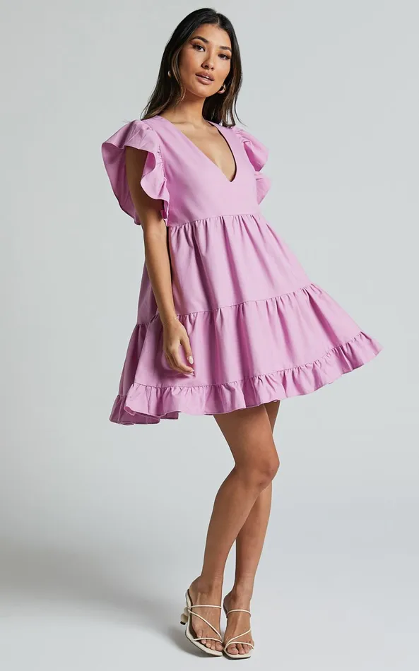 Showpo Cayenne Mini Dress 8211 Linen Look V Neck Short Flutter Sleeve Tiered Dress In Pink Women Dresses