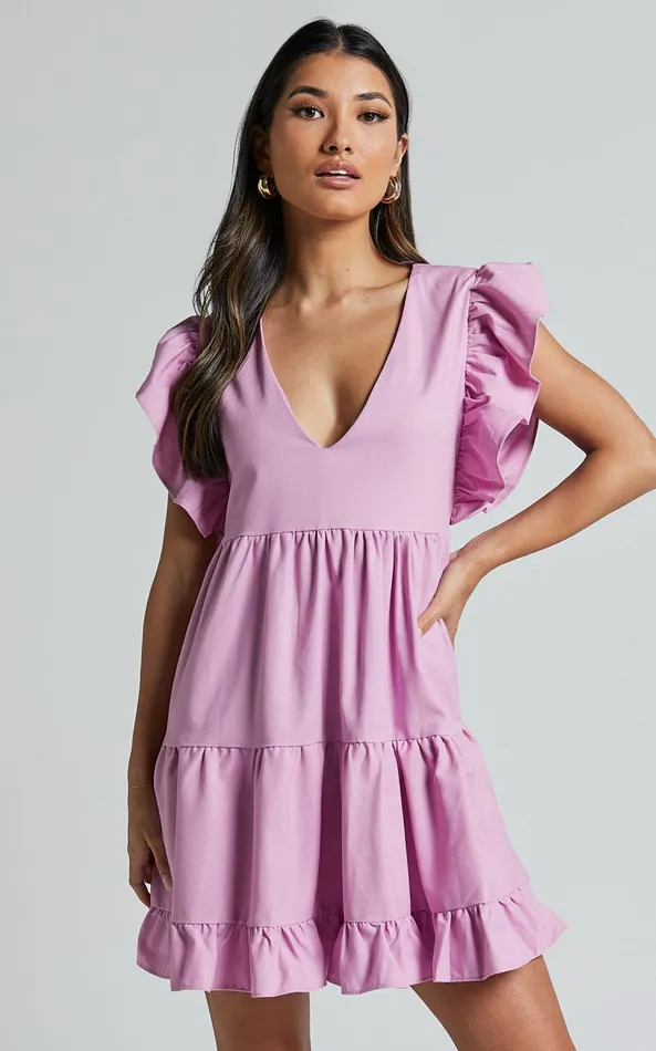 Showpo Cayenne Mini Dress 8211 Linen Look V Neck Short Flutter Sleeve Tiered Dress In Pink Women Dresses