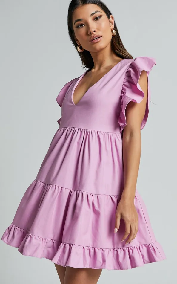 Showpo Cayenne Mini Dress 8211 Linen Look V Neck Short Flutter Sleeve Tiered Dress In Pink Women Dresses