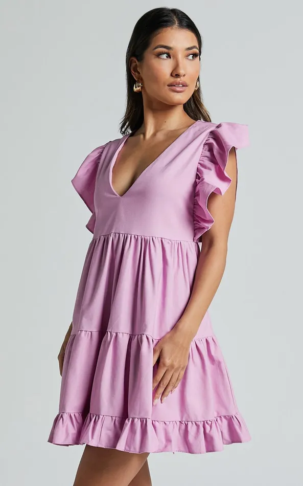 Showpo Cayenne Mini Dress 8211 Linen Look V Neck Short Flutter Sleeve Tiered Dress In Pink Women Dresses