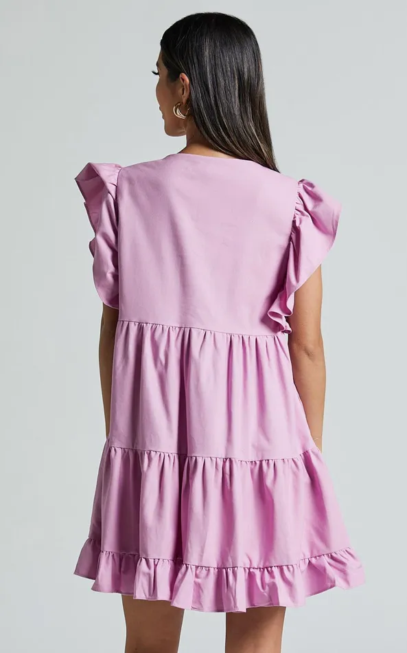 Showpo Cayenne Mini Dress 8211 Linen Look V Neck Short Flutter Sleeve Tiered Dress In Pink Women Dresses
