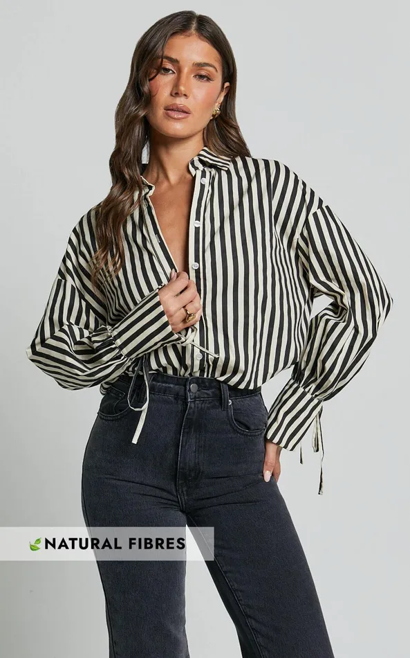 Showpo Cazie Shirt 8211 Tie Cuff Long Sleeve Shirt In Black and Cream Stripe Women Tops Showpo Cazie Shirt 8211 Tie Cuff Long Sleeve Shirt In Black and Cream Stripe Women Tops