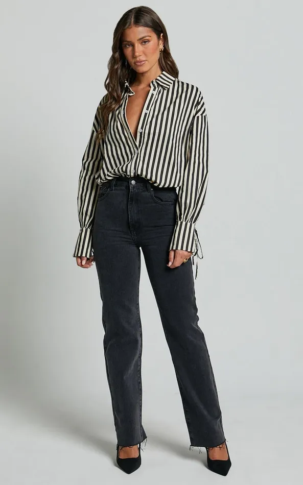 Showpo Cazie Shirt 8211 Tie Cuff Long Sleeve Shirt In Black and Cream Stripe Women Tops
