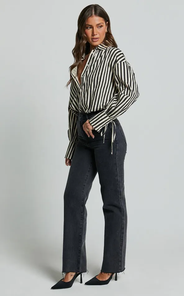 Showpo Cazie Shirt 8211 Tie Cuff Long Sleeve Shirt In Black and Cream Stripe Women Tops